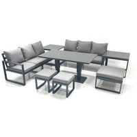 Fimous 9 Seater Aluminium Outdoor Garden Furniture Set with Adjustable Rising Lifting Dining Table 3 Seater Sofa 3 Footstools 2 Side Tables Dark Grey