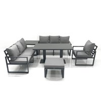 Fimous Outdoor Garden Furniture Set Aluminium Lounge Sofa Adjustable Rising Lifting Dining Table Sets with Big Footstool Side Table Dark Grey