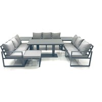 Fimous 10 Seater Garden Sofa Set Aluminium Furniture Rising Dining Tabe Set with 2 Side Tables Big Footstool Dark Grey