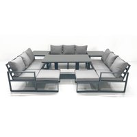 Fimous 11 Seater Garden Sofa Set Aluminium Furniture Rising Dining Tabe Set with 2 Side Tables 2 Big Footstools Dark Grey