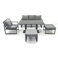 Fimous 6 Seater Garden Sofa Set Aluminium Furniture Rising Dining Tabe Set with Chair 2 Big Footstool Dark Grey