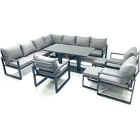 Fimous 12 Seater Outdoor Aluminum Garden Furniture Set Corner Sofa 3 Chair 2 Small Footstool Adjustable Rising Lifting Dining Table Sets Dark Grey