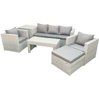 Fimous Rattan Garden Furniture Set 6 Pieces Outdoor Garden Sofa Oblong Coffee Table Set with 2 Chairs Side Tabe Stool Light Grey Mixed
