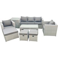 Fimous Rattan Garden Furniture Set 8 Seater Outdoor Garden Sofa Oblong Coffee Table Set with 2 Chairs 3 Stools Side Table Light Grey Mixed