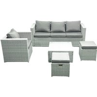 Fimous 6 Seater Rattan Garden Furniture Set with 3 Seater Sofa Chair Square Coffee Table Big Footstool Light Grey Mixed