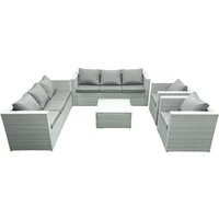 Fimous Outdoor Rattan Sofa Garden Furniture Set with 2 Armchairs Square Coffee Table Light Grey Mixed