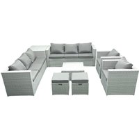 Fimous Outdoor Rattan Sofa Garden Furniture Set with 2 Armchairs Square Coffee Table 2 Small Footstools Side Table Light Grey Mixed