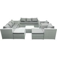 Fimous Outdoor Rattan Sofa Garden Furniture Set with 2 Armchairs Square Coffee Table 2 Big Footstools Light Grey Mixed