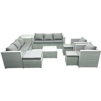 Fimous Outdoor Rattan Sofa Garden Furniture Set with 2 Armchairs Square Coffee Table 3 Footstools Side Table Light Grey Mixed