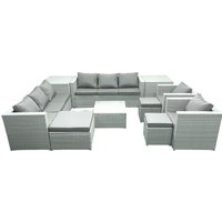 Fimous Outdoor Rattan Sofa Garden Furniture Set with 2 Armchairs Square Coffee Table 3 Footstools 2 Side Tables Light Grey Mixed
