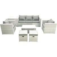 Fimous 7 Seater Rattan Garden Furniture Set with 3 Seater Sofa 2 Chair Rectangular Coffee Table 2 Small Footstools Side Table Light Grey Mixed
