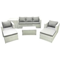Fimous Rattan Garden Furniture Set with 3 Seater Sofa 2 Chair Rectangular Coffee Table 2 Big Footstools Side Table Light Grey Mixed 7 Seater