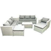 Fimous Wicker PE Rattan Sofa Garden Furniture Set with Armchair Oblong Coffee Table 2 Big Footstools Light Grey Mixed