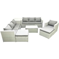 Fimous Wicker PE Rattan Sofa Garden Furniture Set with Armchair Oblong Coffee Table 2 Big Footstools Side Table Light Grey Mixed