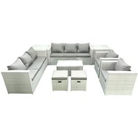 Fimous Outdoor Rattan Sofa Garden Furniture Set with 2 Armchairs Oblong Coffee Table 2 Small Footstools 2 Side Tables Light Grey Mixed
