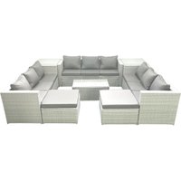 Fimous Rattan Garden Outdoor Furniture Set 11 Seater Garden Sofa Coffee Table Set with 2 Big Footstools 2 Side Tables Light Grey Mixed