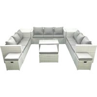 Fimous Rattan Garden Outdoor Furniture Set 12 Seater Garden Sofa Coffee Table Set with 3 Footstools 2 Side Tables Light Grey Mixed