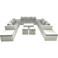 Fimous 8 Pieces Rattan Garden Furniture Set Outdoor Garden Sofa Coffee Table Set with 4 Footstools Light Grey Mixed