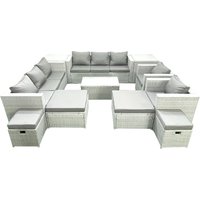 Fimous 11 Pieces Rattan Garden Furniture Set Outdoor Garden Sofa Chair Coffee Table Set with 4 Footstools 2 Side Tables Light Grey Mixed