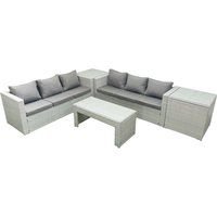 Fimous 6 Seater Garden Outdoor Rattan Furniture Set Rattan Garden Sofa Oblong Coffee Table with 2 Side Tables Light Grey Mixed