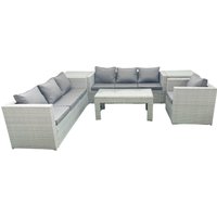 Fimous Wicker PE Rattan Sofa Garden Furniture Set with Oblong Coffee Table Armchair 2 Side Tables Light Grey Mixed
