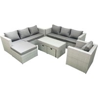 Fimous Wicker PE Rattan Sofa Garden Furniture Set with Oblong Coffee Table Armchair 3 Footstools Light Grey Mixed