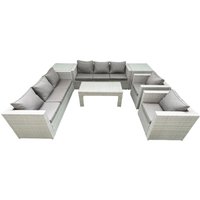 Fimous Outdoor Garden Furniture Rattan Sofa Set with 2 Armchairs Oblong Coffee Table 2 Side Tables Light Grey Mixed