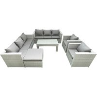 Fimous Outdoor Garden Furniture Rattan Sofa Set with 2 Armchairs Oblong Coffee Table Big Footstool Light Grey Mixed