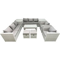 Fimous Outdoor Garden Furniture Rattan Sofa Set with 2 Armchairs Oblong Coffee Table 2 Small Footstools 2 Side Tables Light Grey Mixed