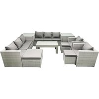 Fimous Outdoor Garden Furniture Rattan Sofa Set with 2 Armchairs Oblong Coffee Table 3 Footstools 2 Side Tables Light Grey Mixed