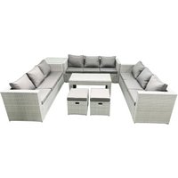 Fimous Rattan Garden Outdoor Furniture Set 11 Seater Garden Sofa Oblong Coffee Table Set with 2 Small Footstool Side Table Light Grey Mixed