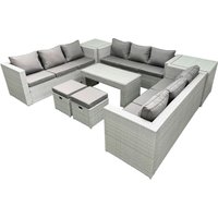 Fimous Rattan Garden Outdoor Furniture Set 11 Seater Garden Sofa Oblong Coffee Table Set with 2 Small Footstool 2 Side Tables Light Grey Mixed