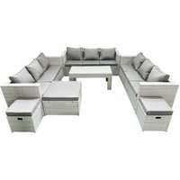 Fimous Rattan Garden Outdoor Furniture Set 12 Seater Garden Sofa Oblong Coffee Table Set with 3 Footstools Light Grey Mixed