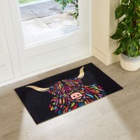 Artsy Mats Highland Cow Indoor Washable Doormat in Black | Size: 50 cm x 80 cm