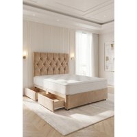 Somnior Ziggy Plush Velvet Divan Bed 2 drawers with Sprung Memory Foam Mattress & headboard in Beige | Size: Super King