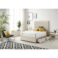 Somnior Platinum Sprung Memory Foam 2 Drawer Divan Bed with Upholstered Headboard Tweed Fabric in Natural | Size: Small Double
