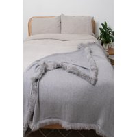 Native Natural Woven Grey Wool Blanket Sheepskin Trim | Size: Double