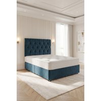 Somnior Ziggy Plush Velvet Divan Bed with Sprung Memory Foam Mattress & Headboard in Navy | Size: Small Single