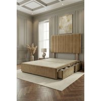 Somnior Alexas 2 Drawers Divan Bed with 30" Upholstered Headboard Plush Velvet in Beige | Size: Super King