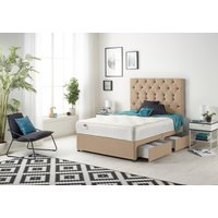 Somnior Premier Plush Velvet Sprung Memory Foam 4 Drawer Divan Bed Set with Upholstered Headboard in Beige | Size: Super King