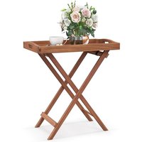 Costway Patio Wooden Side Table Outdoor & Indoor Folding Tea Coffee Table w/ Tea Tray in Natural