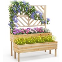 Costway 2-Tier Raised Garden Bed w/ Trellis Wooden Elevated Planter Box in Natural