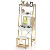 Costway 3 IN 1 Vanity Dressing Table Set Book Storage Shelf Ladder Desk Cushioned Stool in Natural