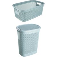 Keeeper Air-Permeable Laundry Basket 30 Litre with Side Handles & Laundry Hamper Hinged Lid - Nordic Blue