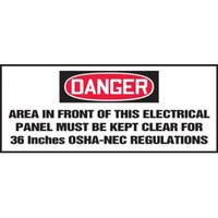 Accuform LELC003XVE OSHA Danger Safety Label: Area In Front of This Electrical Panel Must Be Kept Clear For 36 Inches - OSHA-NEC Regulations