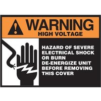 Accuform LELC357XVE ANSI Warning Safety Label: High Voltage - Hazard Of Severe Electrical Shock or Burn De-Energize This Unit Before Removing This Cover