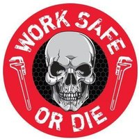 Accuform LHTL094 2-1/4"" x 2-1/4"" Hard Hat Stickers: Work Safe or Die Brown Adhesive Vinyl