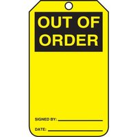 Safety Tags, OUT OF ORDER, 5.75in x 3.25in, RP-Plastic, 5PK