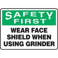 Accuform MPPE914VP 10"" x 14"" OSHA Safety First Safety Sign: Wear Face Shield When Using Grinder, Plastic