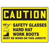 Accuform MPPG664VP 14"" x 20"" BIGSigns OSHA Caution Safety Sign: Safety Glasses - Hard Hat - Works Boots Must Be Worn On This Jobsite, Plastic